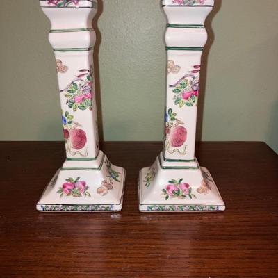 Vintage Hand-Painted Porcelain Candlestick Pair from Macau