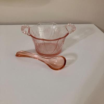 Pink Depression Mayonnaise/ Sugar Bowl and Spoon