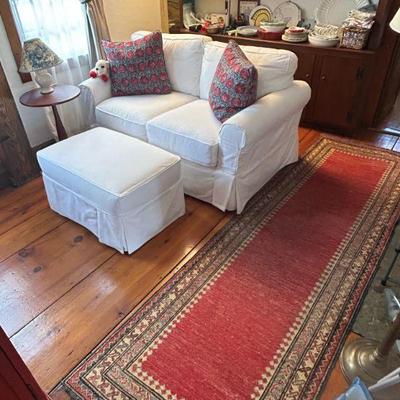 Convertible loveseat and ottoman, wool oriental runner