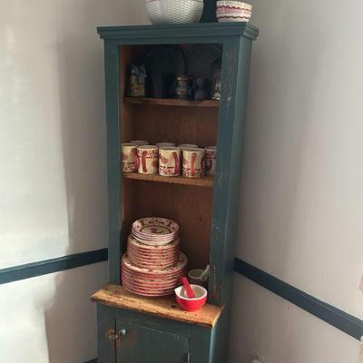 Pine cupboard and Portugese       rooster dinnerware service