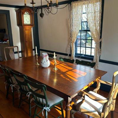 Tiger Maple Harvest Table, pine tall case clock, 6-fancy painted sie chairs