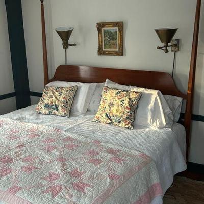 King 2 poster bed, hand made quilt, pr of brass plug in sconces