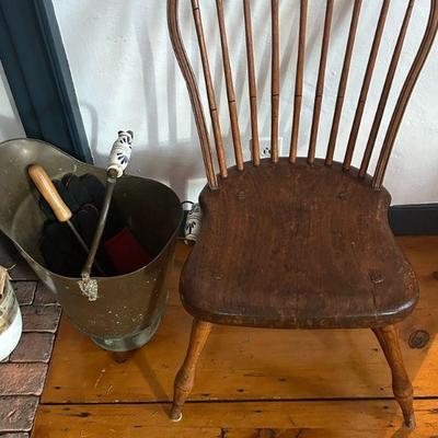 Windsor chair and brass coal scuttle