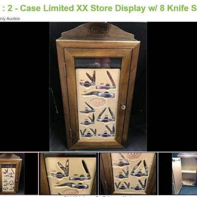 Lot # : 2 - Case Limited XX Store Display w/ 8 Knife Set
 
Walnut Display Case is locking and has key, glass front Measures 13