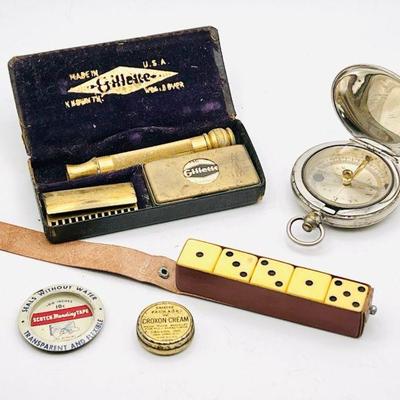 Antique & Vintage Brass Gillette Shaving Kit, Dice Carry Case, Compass & More
