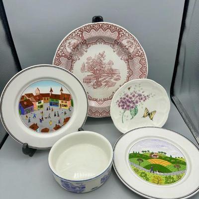 (4) Plates Feat. Lenox, Villeroy & Boch, Spode And (1) Hall Pet Bowl
