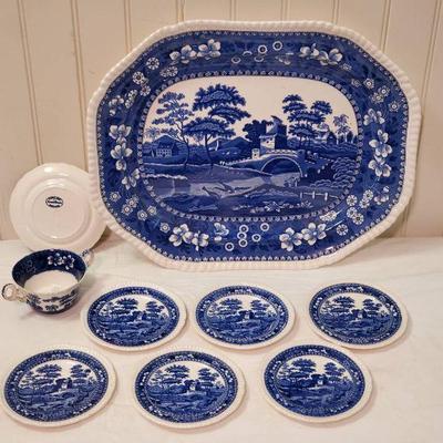 (7) Copeland Spodes Tower Plates, Platter, and A Cup
