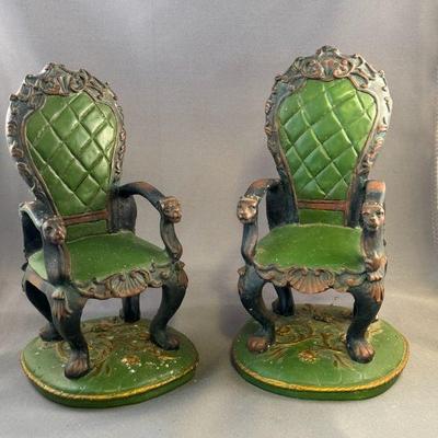 (2) Victorian Parlour Armchair Figure Green And Brown With Gold Trim Decor Resin
