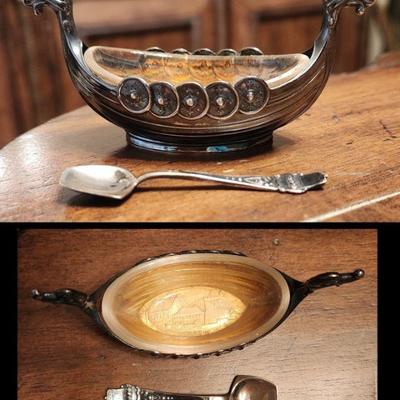 Norway souvenir Viking boat silver salt cellar w/ spoon