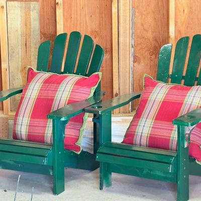 (2)Green Painted Adirondack Chairs & Matching Pillows
