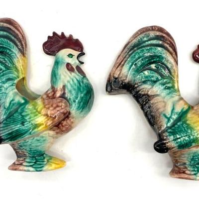 Pr. of vtg. California Pottery rooster wall pockets with green rhinestone eyes