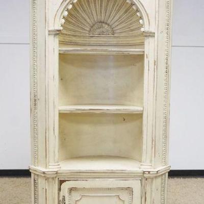 1125	HABERSHAM OPEN FACE NARROW CORNER CABINET WITH SHELL CARVED, INTERIOR IN ANTIQUE IVORY DISTRESSED FINISH, APPROXIMATELY 19 IN D X 40...