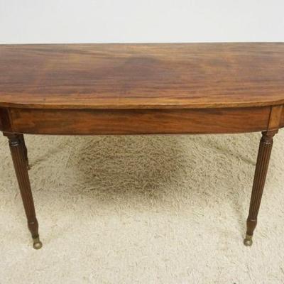 1107	ANTIQUE MAHOGANY DEMILUNE TABLE WITH REEDED COLUMN LEGS, APPROXIMATELY 57 IN X 27 IN X 29 IN H

