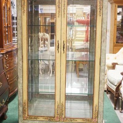 1138	OUTSTANDING PAINT DECORATED 2 DOOR CRYSTAL CABINET WITH 3 ADJUSTABLE GLASS SHELVES AND INTERIOR LIGHTING, APPROXIMATELY 18 IN X 43...