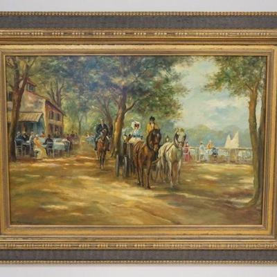 1193	LARGE CONTEMPORARY OIL PAINTING ON CANVAS, COURT YARD SCENE, APPROXIMATELY 48 IN X 36 IN OVERALL
