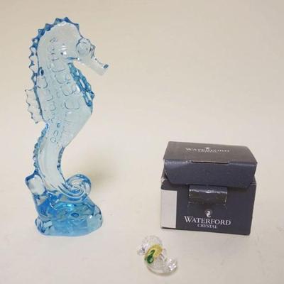 1011	WATERFORD CRYSTAL 2 PIECE GROUP, OCEAN BLUE 7 1/4 INCH HIGH SEAHORSE & SEAHORSE PIN

