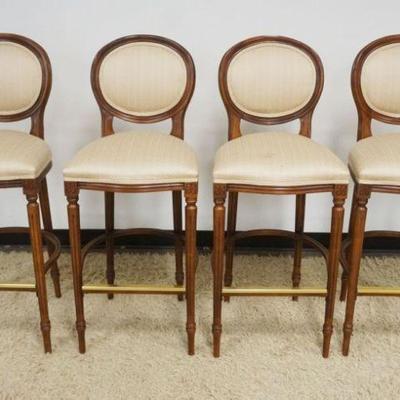 1124	4 ITALIAN BAR STOOLS WITH UPHOLSTERED SEATS AND BACKS, 1 SEAT HAS SOME STAINING, APPROXIMATELY 45 IN H
