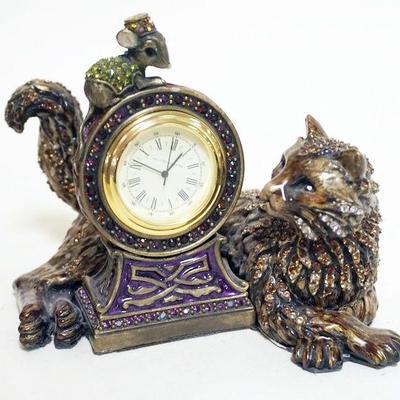 1046	JAY STRONGWATER JEWELED AND ENAMEL CAT & MOUSE CLOCK
