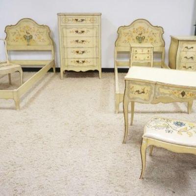 1177	8 PIECE VENETIAN PAINT DECORATED BEDROOM SET, 2 SINGLE BEDS, 5 DRAWER HIGH CHEST, VANITY, STAND, STOOL AND CHAIRS, SOME PAINT LOSS
