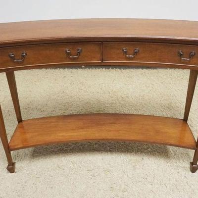 1103	MAHOGANY 2 DRAWER CURVED DEMILUNE HALL TABLE, APPROXIMATELY 49 IN X 16 IN X 35 IN H
