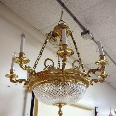 1202	ORNATE BRASS CHANDELIER WITH CENTER GLASS DOME, APPROXIMATELY 29 IN X 28 IN H
