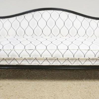 1128	EMPIRE STYLE UPHOLSTERED SOFA WITH EBONIZED FINISH FRAME WITH BALL & CLAW FEET, APPROXIMATELY 92 IN X 28 IN X 36 IN H
