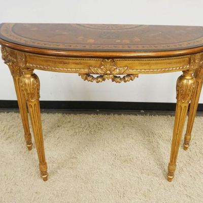 1120	OUTSTANDING HOUSE OF RHO ITALIAN INLAID AND GILT FINISHED DEMILUNE CONSOLE TABLE, APPROXIMATELY 54 IN X 21 IN X 38 IN H
