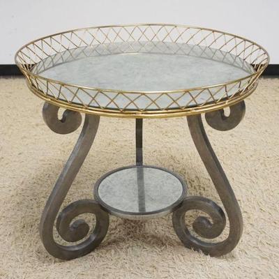 1143	JOHN RICHARDS EUROPEAN CROSSROADS MIRRORED AND SCROLLED METAL BASE TABLE WITH BRASS GALLERY, APPROXIMATELY 30 IN X 27 IN H
