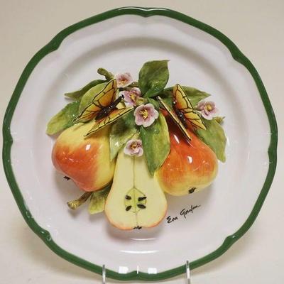 1033	EVA GORDON CERAMIC PLATE WITH APPLIED FRUIT & BUTTERFLYS, APPROXIMATELY 12 IN
