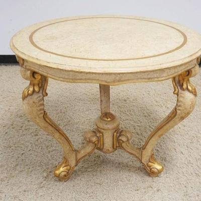 1146	ITALIAN DECORATED OCCASIONAL TABLE WITH CARVED LEGS, APPROXIMATELY 38 IN X 31 IN H
