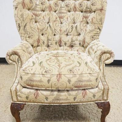 1108	CENTURY FURNITURE UPHOLSTERED ARM CHAIR WITH TUFTED BACK, BALL & CLAW FEET
