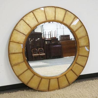1130	THEODORE ALEXANDER LARGE ROUND HANGING MIRRO, DISTRESSED GOLD GLASS PANELED EDGE FRAME, APPROXIMATELY 55 IN 
