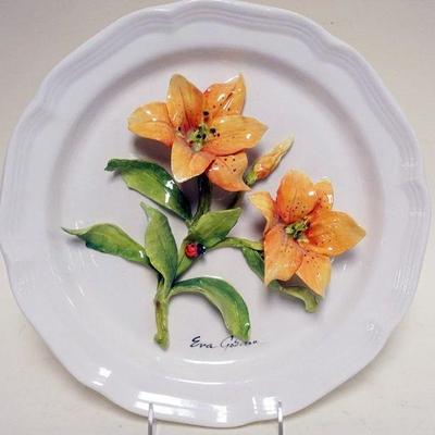 1022	EVA GORDON CERAMIC PLATE WITH APPLIED FLOWERS, APPROXIMATELY 12 IN
