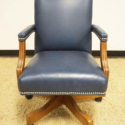 1116	ETHAN ALLEN BLUE LEATHER SWIVEL DESK CHAIR WITH METAL TACK ACCENTS ON EDGES
