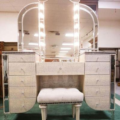 1129	*HOLLYWOOD SWANK* UPHOLSTERED VANITY AND MIRROR BY AICO JANE SEYMOUR DESIGN COLLECTION, MICHALE AMINI WITH BENCH, APPROXIMATELY 56...