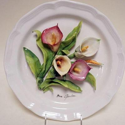 1020	EVA GORDON CERAMIC PLATE WITH APPLIED FLOWERS, APPROXIMATELY 12 IN
