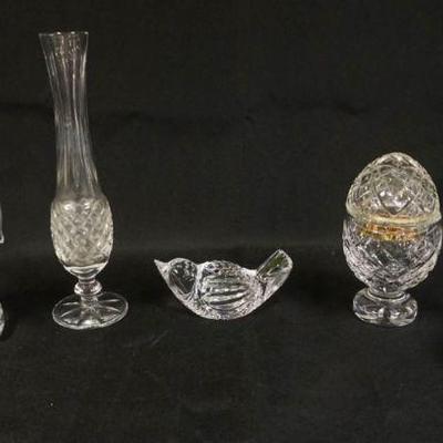 1010	WATERFORD CRYSTAL 5 PIECE GROUP INCLUDING ROOSTER, BIRD, CROSS, MUSIC BOX & VASE, TALLEST APPROXIMATELY 9 1/4 IN HIGH
