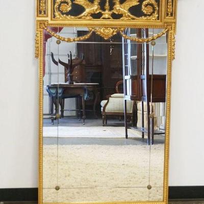 1082	GILT FRAMED BEVELED EDGE MIRROR WITH APPLIED SWAGS AND PHOENIX BIRD DÃ‰COR, SOME LOSS TO BOTTOM FINISH ON FRAME, APPROXIMATELY 38 IN...