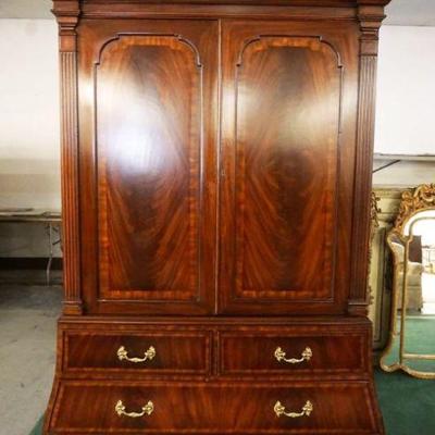 1114	MAITLAND SMITH MAHOGANY WARDROBE WITH 2 BURL WOOD PANELED DOORS ON A D DRAWER BOMBE BASE, WARDROBE IS 2 PART, APPROXIMATELY 52 IN X...