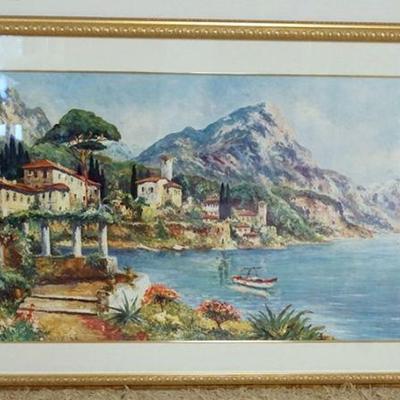 1183	LARGE FRAMED ARTIST SIGNED PRINT OF COASTAL VILLAGE, APPROXIMATELY 57 IN X 33 IN 
