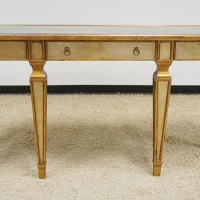 1134	THEODORE ALEXANDER 3 DRAWER CONSOLE TABLE WITH INSET GILDED LASS GOLD MIRROR TOP, DRAWER FRONTS AND LEGS, APPROXIMATELY 72 IN X 20...