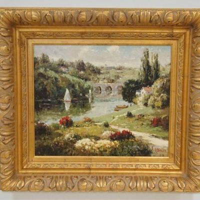 1189	CONTEMPORARY FRAMED OIL PAINTING ON CANVAS, LANDSCAPE, DEEP GILT FRAME, APPROXIMATELY 36 IN X 32 IN OVERALL
