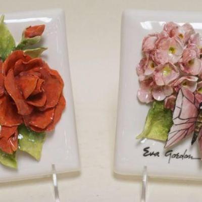 1034	EVA GORDON 6 IN SQ WALL PLAQUES WITH APPLIED FLOWERS
