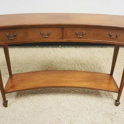 1104	MAHOGANY 2 DRAWER CURVED DEMILUNE HALL TABLE, APPROXIMATELY 49 IN X 16 IN X 35 IN H

