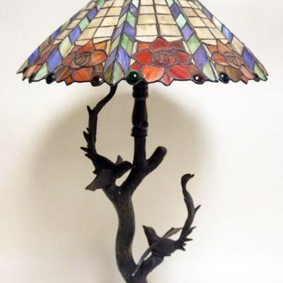 1078	CONTEMPORARY LEADED GLASS TABLE LAMP WITH BIRDS ON BRANCHES AND AT LAMP FINIAL, APPROXIMATELY 35 IN H
