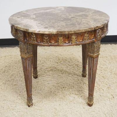 1091	ROUND MARBLE TOP LAMP TABLE WITH APPLIED CARVINGS AND REEDED TAPERED LEGS, APPROXIMATELY 28 IN X 25 IN H
