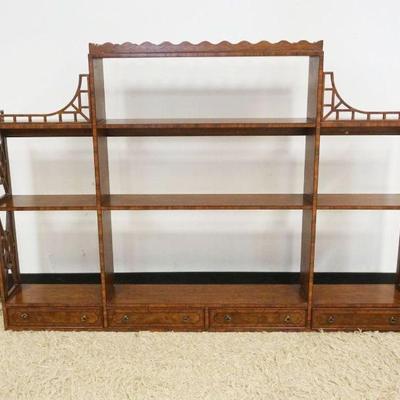 1086	MAHOGANY HANGING WALL SHELF WITH FRETWORK TOP AND SIDES WITH BANDED DRAWERS, APPROXIMATELY 55 IN X 7 IN X 38 IN H
