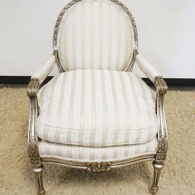 1088	FANCY MEDALION BACK UPHOLSTERED ARM CHAIR WITH CARVED WOOD FRAME IN SILVER FINISH

