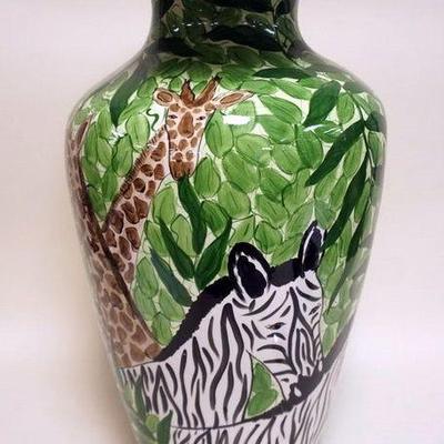 1042	LARGE HAND PAINTED FLOOR VASE WITH ZEBRA AND GRIAFFE, APPROXIMATELY 27 IN, MARKED ON BASE HAND PAINTED BY SHEILA HARMAY
