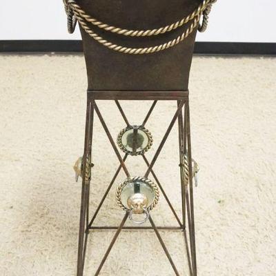 1097	ORNATE IRON PLANTER WITH ATTACHED STAND, PLANTER HAS GILT METAL ROPE TURNED SWAGS WITH GLASS BULLSEYE AND LION HEAD ACCENTS,...
